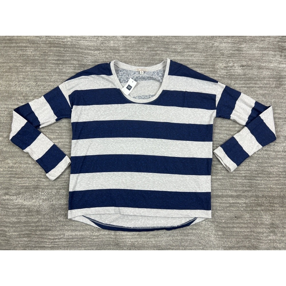 Gap Top Womens XS Petite Blue Grey Striped Scoop Neck Long Sleeve Relaxed Fit